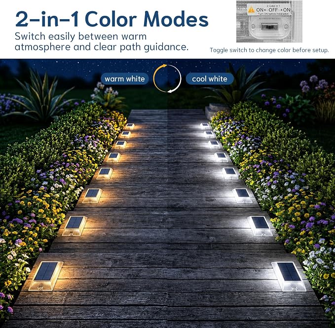 Solar Step Lights Outdoor, 2 Colors in 1 LED Stair Lights | 6 Pack Waterproof Screw Mount Deck Step Lights for Stairs, Patio, Garden, Walkway (White/Warm White)