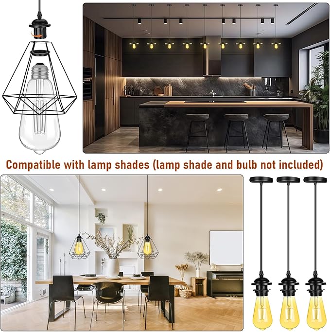 12 Pack Industrial Mini Pendant Light Kit Bulk, UL E26/E27 Lamp Socket 3.28 ft Adjustable Hanging Light Cord Kit Edison Vintage Retro Ceiling Lamp Fixture for Kitchen Bar Decor(Black)
