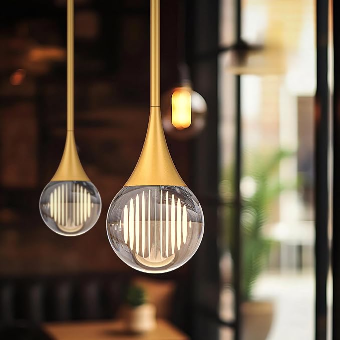 1-Pendant Lights Kitchen Island, Brass Gold Globe Crystal Ceiling Hanging Light Fxitures, LED Light Fixtures Metal Rod Ceiling Glass Pendant Lighting for Kitchen Island Dining Room Bar