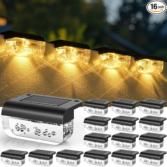 Herzila 16 Pack Solar Fence Lights, Waterproof Outdoor Solar Step Lights Fence Lights Solar Powered for Outside, Step, Fence, Deck, Stair, Pool and Yard, Warm White