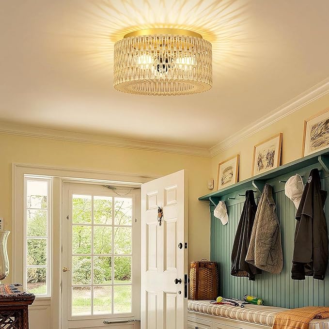 ROOMTEC 12.4" Rattan Flush Mount Ceiling Light, 3-Light Ceiling Fixture with Bulbs Included, Boho Woven Natural Fiber Dining Room Light for Bedroom Living Room Kitchen