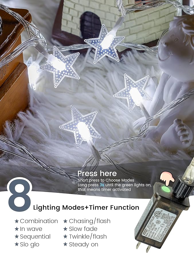 Star String Lights Plug in,39ft 100LED Fairy Lights with Remote, Hanging Star Decorations Lights Waterproof for Indoor Outdoor Bedroom Classroom Dorm Kids Tent Party Decor,White