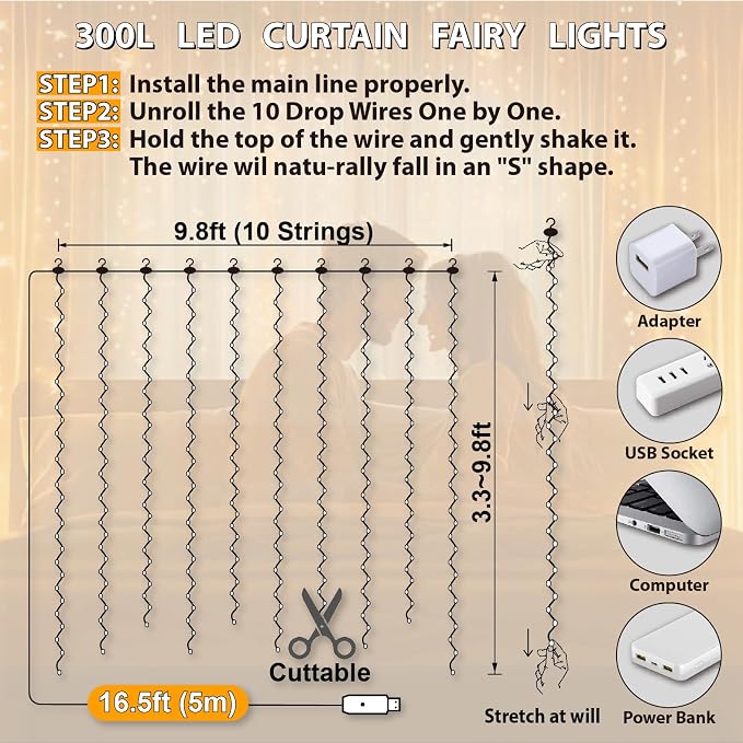 HXWEIYE 300LED Fairy Curtain Lights, 9.8x9.8Ft USB Plug-in 8 Modes Christmas String Hanging Lights with Remote for Bedroom Backdrop Wedding Indoor Wall Decor, Warm White, Standard – 2 Pack
