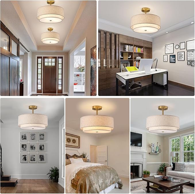 16" Semi Flush Mount Ceiling Light Fixture,Modern Close to Ceiling Light, 3-Lights Gold Drum Ceiling Light with Linen Fabric Shade for Bedroom Living Dining Room Hallway Entryway Foyer