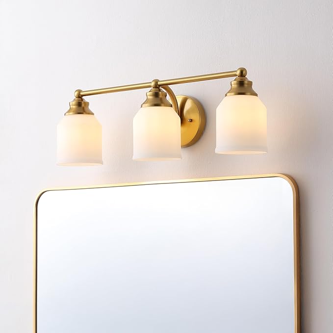 JONATHAN Y 24" Brass Gold/White Modern Farmhouse LED Vanity Light Wall Sconce Fixture, Frosted White Glass Shade, Dimmable Wall Lamp for Bathroom Mirror Kitchen Sink, UL Listed (JYL7551B)