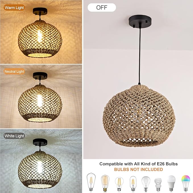Farmhouse Rattan Pendant Lights 13.8" Wicker Hand-Woven Chandelier Rustic Round Seagrass Hanging Light Fixture for Kitchen Island Bedroom Hallway Entry Living Room Dining Coffee Bar