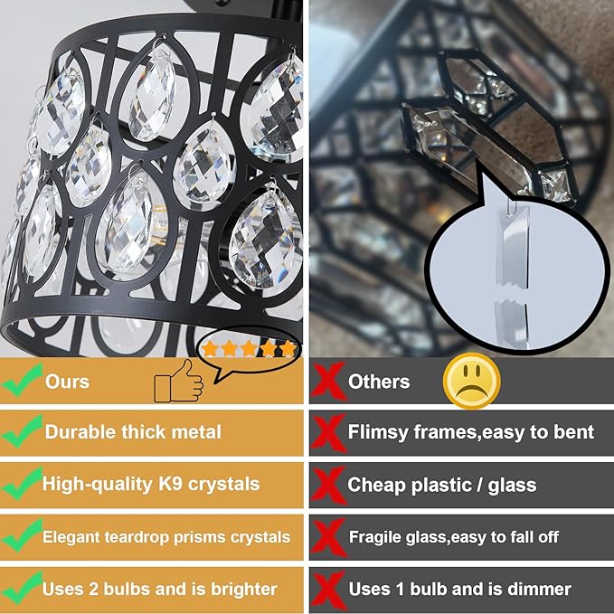 9 Inch Crystal Black Semi Flush Mount Ceiling Light,2-Light Modern Farmhouse Ceiling Light Fixture,Round Hallway Lighting Fixtures for Kitchen Entryway Bedroom Laundry