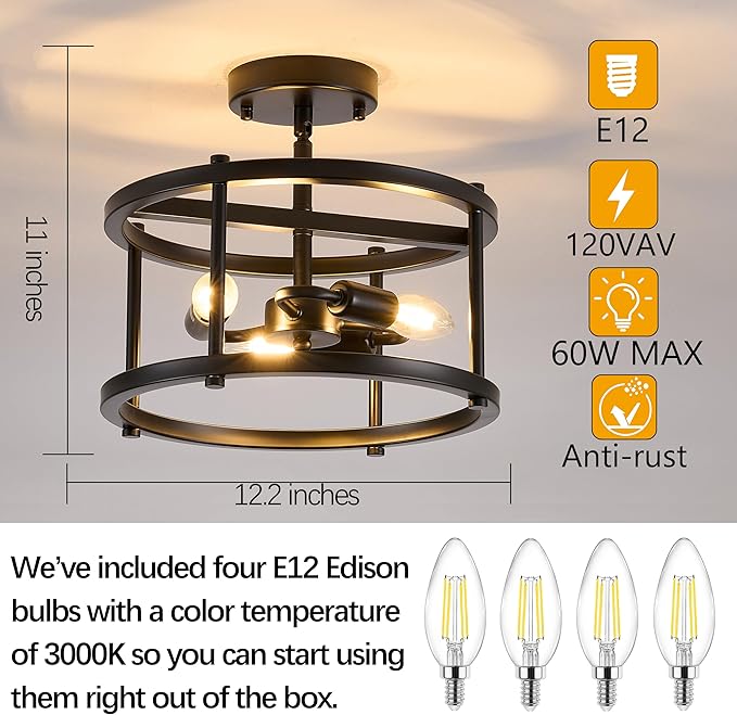 Black Semi Flush Mount Ceiling Light, 3-Light Farmhouse Ceiling Light Fixture for Entryway, Hallway & Foyer, Rustic Black Metal Close to Ceiling Lamp, E12 Base, 12.2 Inch