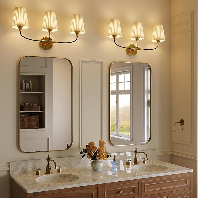Bathroom Light Fixtures Over Mirror, 3 Light Vanity Light for Bathroom, Black Gold Vanity Light Fixtures with Flared Ivory White Fabric Shade, E26 Socket Modern Sconce Wall Decor(ETL Listed)