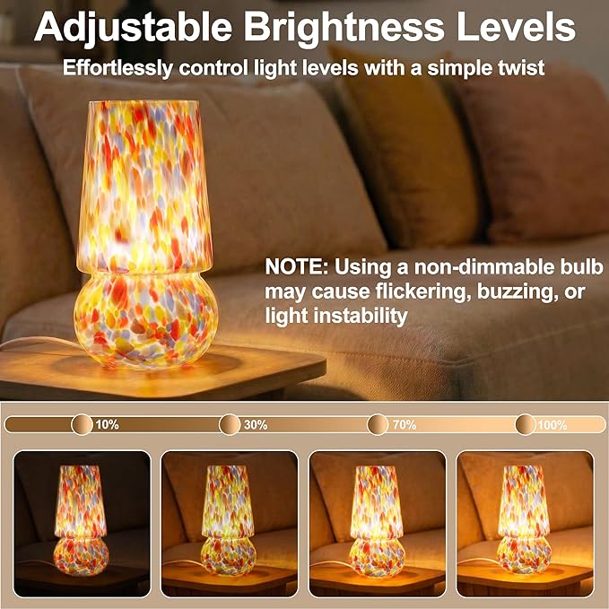 9.8 Inch Mushroom Table Lamp, UL Listed Dimmable Small Desk Bedside Lamp with Woven Beige Cord, Handcrafted Pattern, Murano Home Decor for Bedroom, Living Room, Pastel Confetti, No Bulb Included
