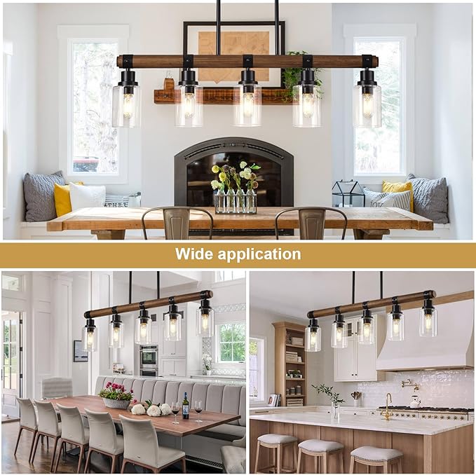 Dining Room Chandelier Over Table, 5-Light Farmhouse Kitchen Island Lighting, Matte Black Rustic Wood Chandelier with Clear Glass Shade, Ceiling Pendant Light Fixture for Kitchen