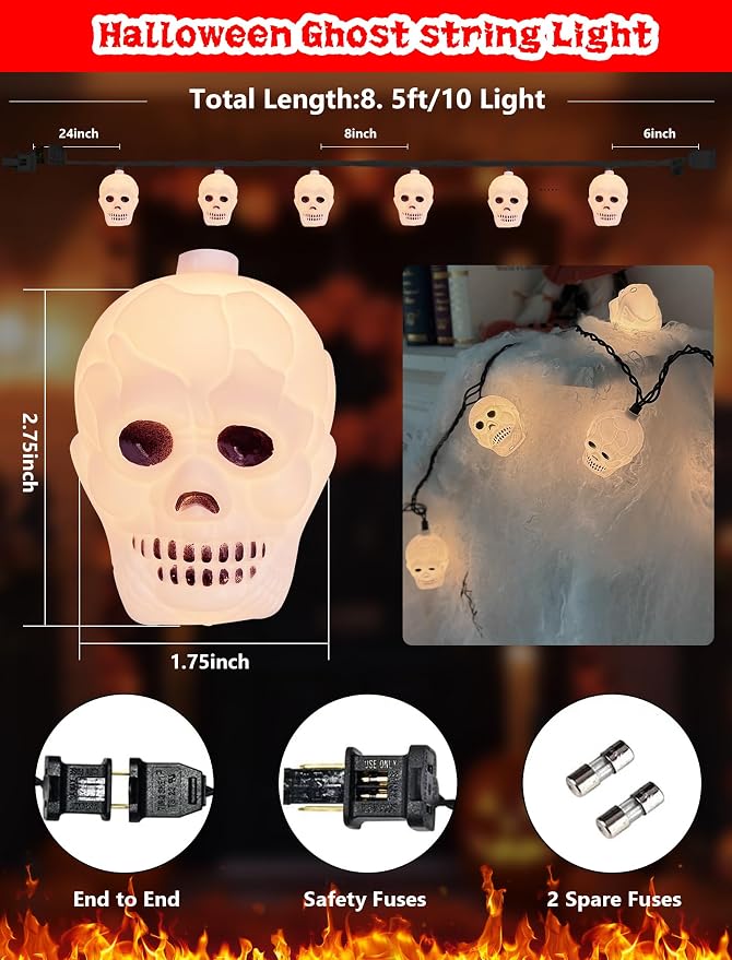 Halloween Skull String Lights - 8.5Ft Skeleton Decoration Halloween String Lights with 10 LED Mini Bulbs, Waterproof Skeleton Shape Lights for Indoor Outdoor Halloween Party Decor, Black Wire