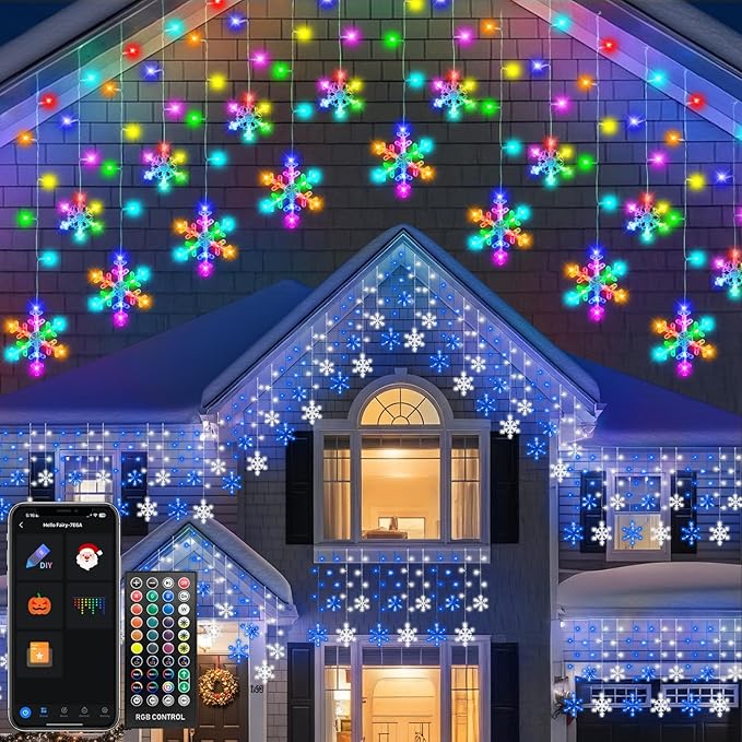 16FT Smart Icicle Lights with Snowflake for Outside, App Control DIY Color Changing 16 Drops 208LEDs Outdoor Christmas Lights Plug In Window Curtain Light for Room, Roofline, Eaves, Patio