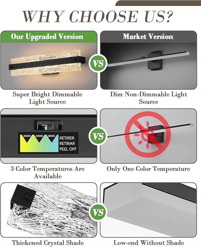 Black LED Bathroom Vanity Light, 24.4 Inch 15W Modern Dimmable Bathroom Light Fixture Over Mirror, Crystal Bar Wall Sconce Lighting for Bath, 3CCT, OS-MM5001-3BK