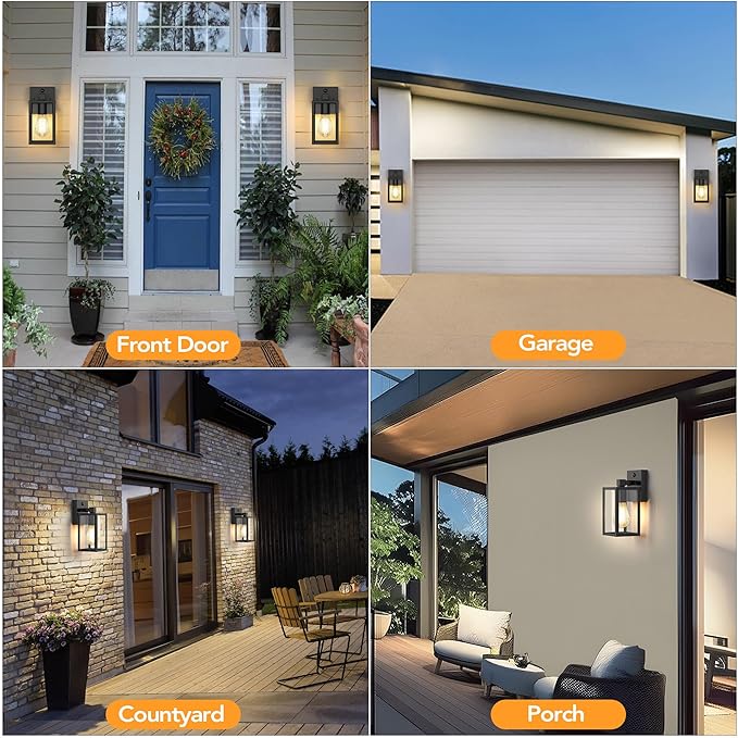 Motion Sensor Outdoor Wall Lights, Dusk to Dawn Outdoor Porch Lights For House, 2 Pack Exterior Lighting Fixtures with E26 Sockets, Black Wall Mounted Waterproof Outside Lanterns For Garage Entryway