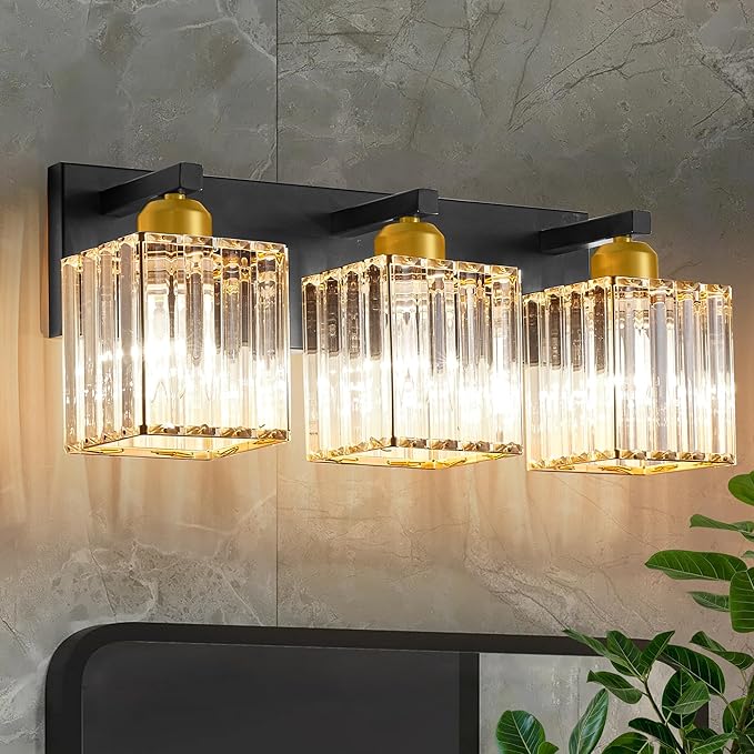 Bathroom Vanity Light Fixtures Over Mirror - Makeup Lighting Black Gold - for Modern Wall, Bath, Desk, Farmhouse, Hallway 3 Crystal Lights