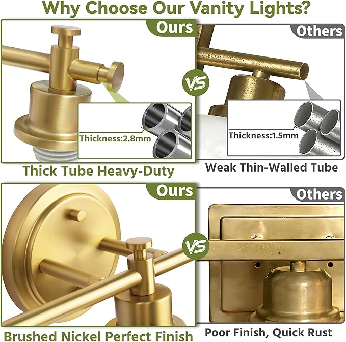 3-Light Bathroom Vanity Light, Brushed Gold Vanity Lights for Bathroom, Modern Champagne Gold Wall Sconce with White Glass Shades, Anti-Rust Light Fixtures over Mirror (Bulbs Not Included, E26 Base)