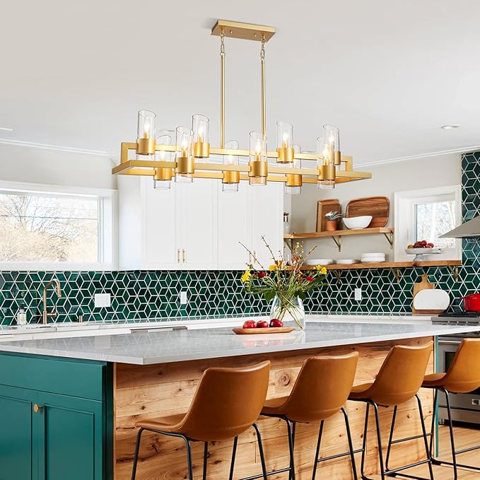 WUZUPS Island Rectangle Chandelier 10-Light with Clear Glass Industrial Modern Farmhouse Linear Light Fixture for Dining Room Kithen Island, Width 42.5" Height 10.4", Gold