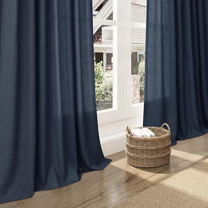 Vintage Blue Linen Curtains 90 Inch Long 2 Panels Set for Bedroom Living Room Vintage Blue Soft Linen Textured Window Drapes Semi Sheer Light Filtering Rod Pocket Back Tab Farmhouse Curtain 52x90