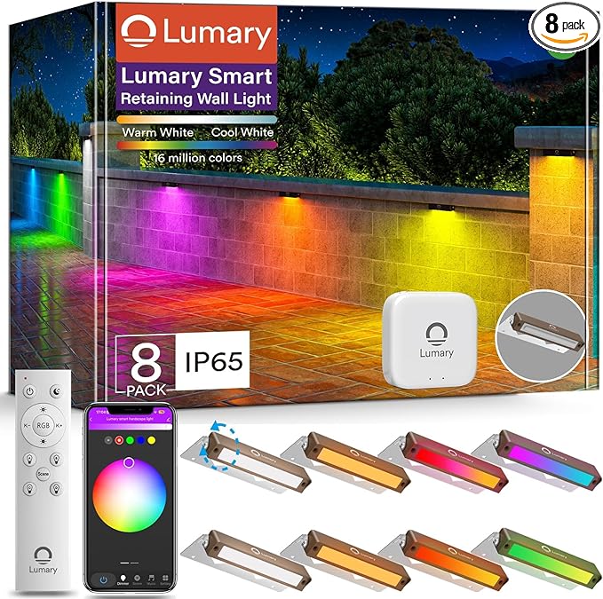 Lumary 8 Pack 12-24V Low Voltage Retaining Wall Lights with Hub, 7 Inch Smart LED Hardscape Paver Lighting, 2200K-6500K RGBCW Color Changing Outdoor Landscape for Step, APP/Remote/Voice Control, Brown