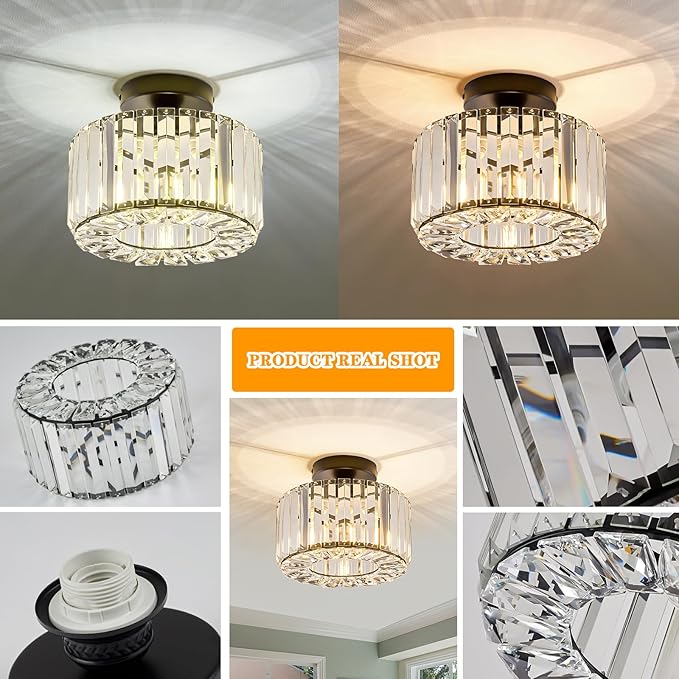 BUXVRCS Crystal Ceiling Light Fixture - Semi Flush Mount Ceiling Light Modern Chandelier Hallway Light Fixtures Ceiling Flush Mount Light Fixtures for Kitchen Bedroom Bathroom Entryway (Black)