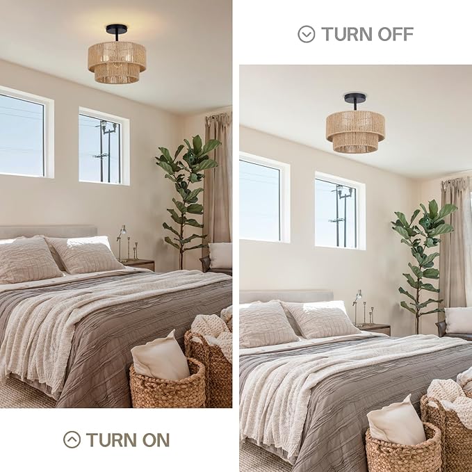 12.6'' Boho Light Fixtures Ceiling Mount, Coastal Hemp rope Semi Flush Mount Ceiling Light Fixture,3-Light Rustic Rattan Ceiling Light With 2-Tier Drum Shade, Nursery Light Fixture Bedroom Chandelier
