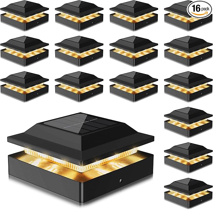 Solar Post Cap Lights 16-Pack, IP65 Waterproof Fence Post Solar Lights for 4x4 Wood/Vinyl Posts, Outdoor Post Lights with 2 Color Modes Decorate Garden Patio Porch Backyard, Black
