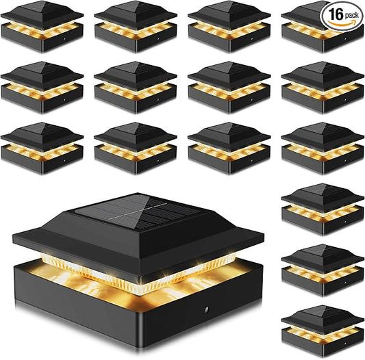 Solar Post Cap Lights 16-Pack, IP65 Waterproof Fence Post Solar Lights for 4x4 Wood/Vinyl Posts, Outdoor Post Lights with 2 Color Modes Decorate Garden Patio Porch Backyard, Black