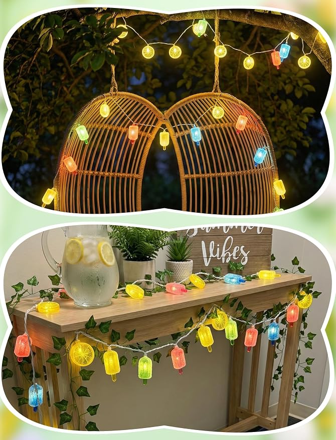 8.5FT Popsicle and Lemon String Lights, Tropical Beach Decorations Lights with 10 Multicolor Popsicle Lemon Bulbs, UL Listed Waterproof Fairy Lights for Summer Party Patio Bedroom Holiday Camping