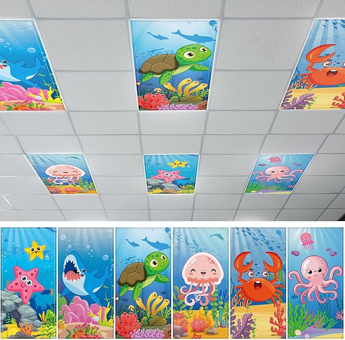 6 Pcs Fluorescent Light Covers with 60 Magnets Decorative for Classroom Ceiling Lights 4 x 2 Feet Magnetic Light Cover Filter Easy Install for VBS Office Hospital Home Ceiling Supplies (Ocean Animal)