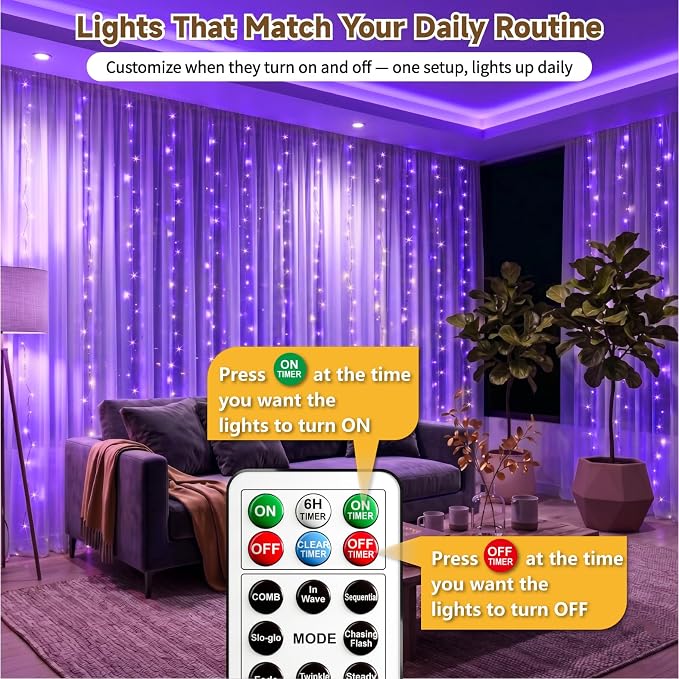 HXWEIYE 300LED Untangled Curtain Lights, 9.8x9.8Ft USB Fairy Twinkle String Lights with Remote and DIY Timer, 8 Modes Window Wall Hanging Light for Bedroom Dorm Backdrop Room Decor, Purple