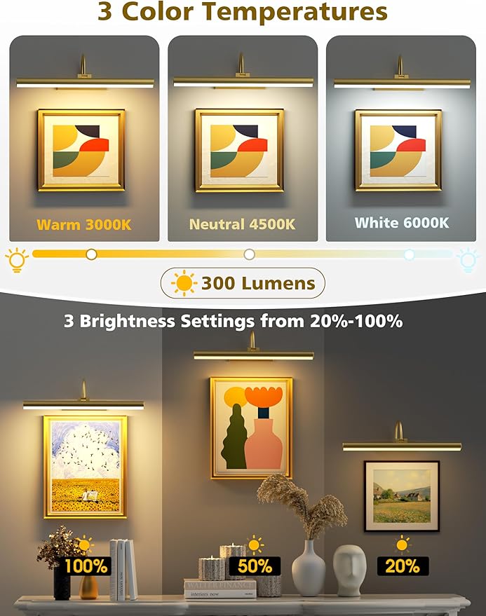 VOLISUN Picture Lights for Wall, 16 inch Rechargable Picture Light Battery Operated, 3 Color Temperatures Cordless Picture Light with Remote, Art Light for Paintings, Gallery, Portrait, 1 Pack (Gold)