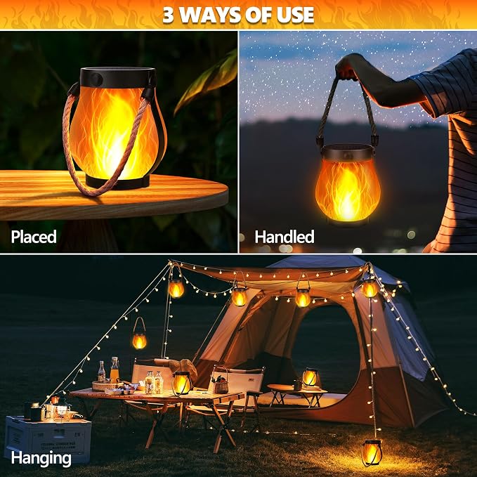 iBaycon 1 Pack Gen2 Solar Lantern Lights USB Ultra-Real Flame, Warm White | Solar Garden Lights with Dual Charging USB & Solar, 2 Modes Outdoor Waterproof Hanging Lantern for Patio Yard Home