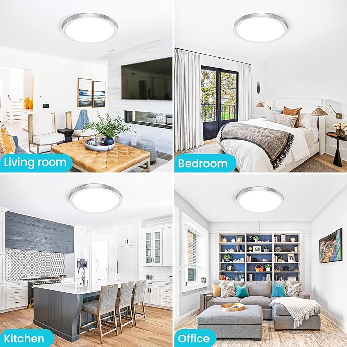 libtit 12 inch Flush Mount LED Ceiling Light Fixture, 3000K 4000K 6500K Adjustable, 28W 3200lm Brushed Nickel Satin Round Lighting Fixtures for Bathroom Shower Hallway Kitchen