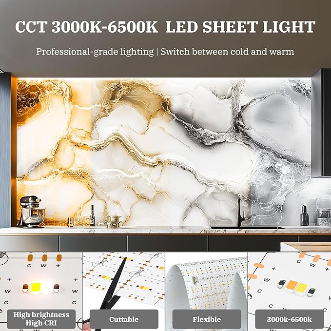 4 Pack LED Backlight Sheet 3000K-6500K Warm and Cold 24V 36W, Dimmable LED Panel Sheet Work with Alexa, Flexible Backlit Light Remote & APP Control, 19.7X9.7 Inch for Marble, Onyx, Quartz Countertop