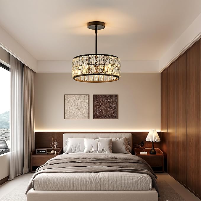 3-Light Crystal Ceiling Light, Modern Semi Flush Mount Ceiling Light, Black Crystal Chandelier for Kitchen Bedroom Bathroom Entryway Hallway
