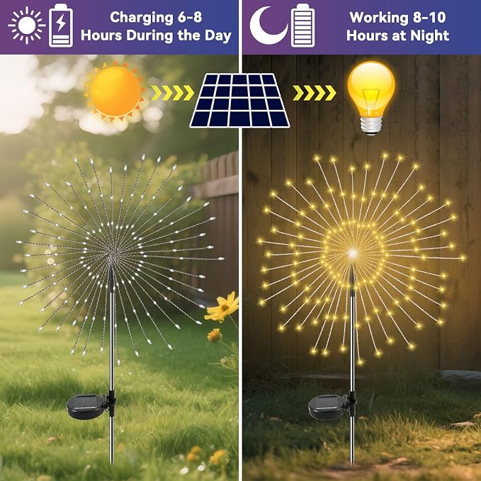 Garden Outdoor Lights, 2 Pack 120 LED Solar Garden Lights Fairy Solar Lights Outdoor Waterproof Decorative Solar Firework Lights for Yard Patio Pathway Flowerbed Party Wedding Decor, Warm White