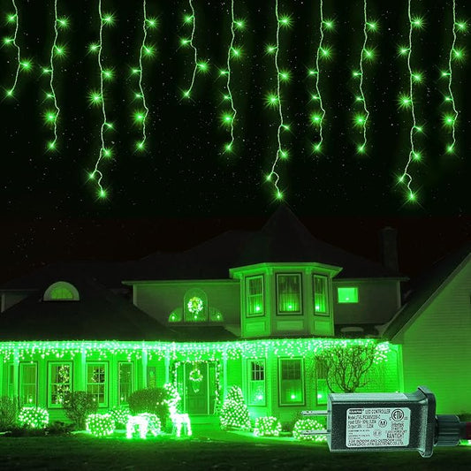 Hopolon Green Christmas Icicle Lights, 33FT 360 LED 60 Drops | Waterproof connectable curtain string lights with 8 modes and memory, for outdoor St. Patrick’s Day, party, holiday decor