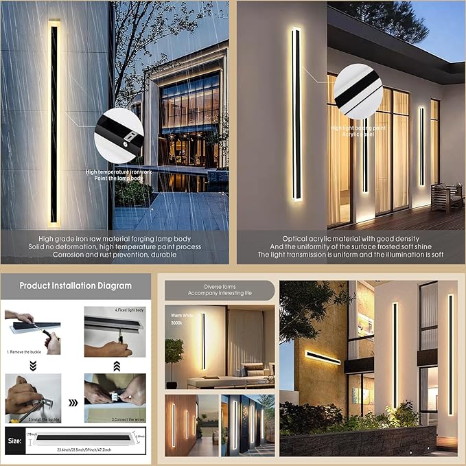 2Pack 71inch Long Outdoor Modern LED Wall Light,55W Waterproof IP65 Warm White 110V led Wall Mount Lighting Fixture Rectangular Black Wall Lights Elegant Frosted White Acrylic Anti Rust