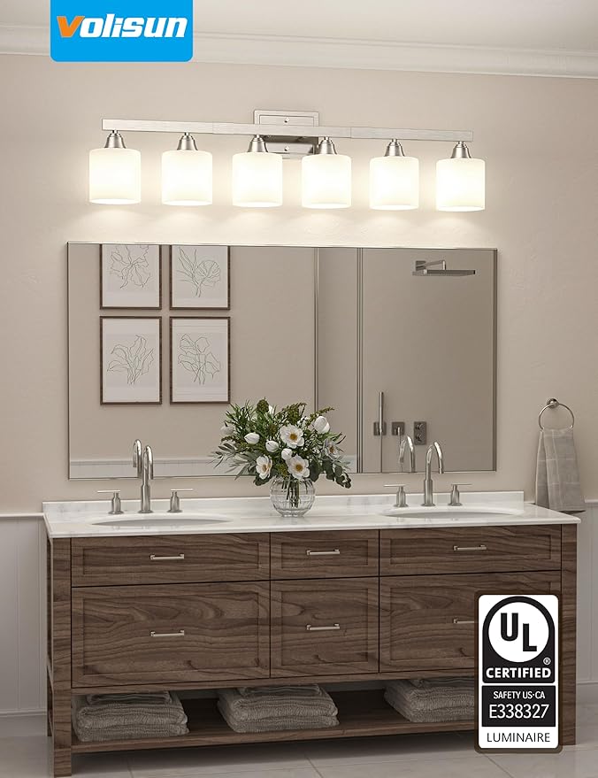 VOLISUN Brushed Nickel Bathroom Light Fixtures, 6-Light Bathroom Vanity Lights Over Mirror, Modern Vanity Light for Bathrooms, Bathrooms Lights Fixtures Over Mirror with Milky White Glass Shades
