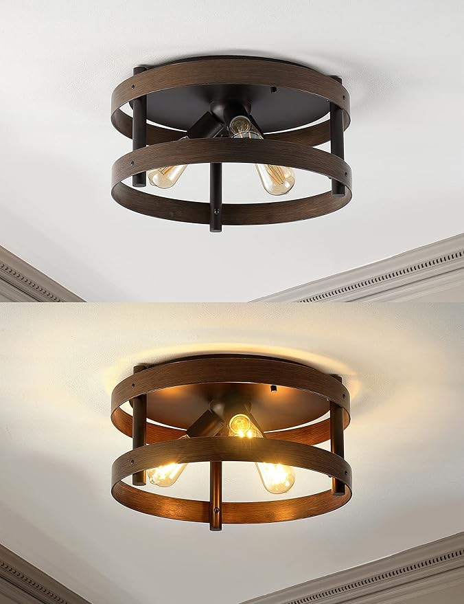 JONATHAN Y 16" Dark Brown Wood and Oil Rubbed Bronze 3-Light Iron Flush Mount, Farmhouse Industrial Round Ceiling Light for Kitchen Bedroom Hallway, LED Bulbs Included JYL1305A