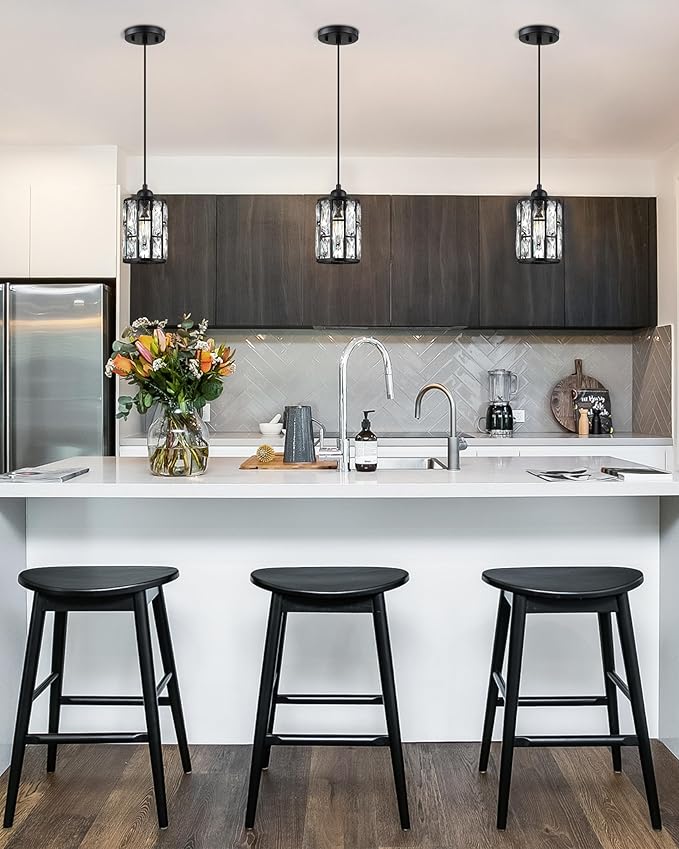 2 Pack 1 Light 5.4" Crystal Shade Hanging Kitchen Island Pendant Light Black Finish,Modern Pendant Fixture with Crystal Metal Shade for Bar,Dining Room,Living Room Over Sink