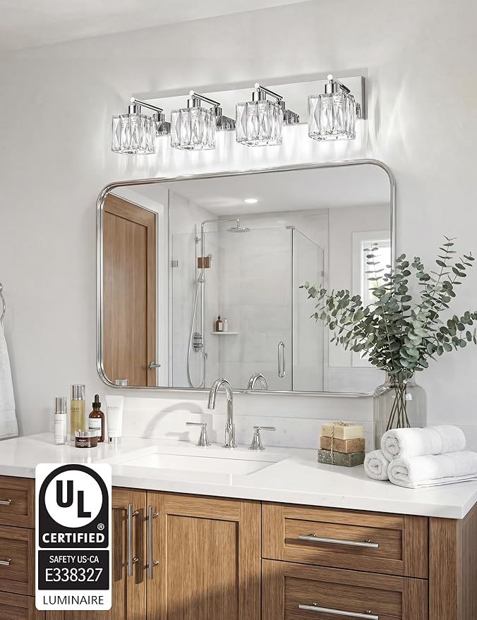 VOLISUN Chrome Bathroom Light Fixtures, Modern Stainless Steel Bathroom Lighting Fixtures Over Mirror, 4 Light Bathrooms Vanity Light, Crystal Vanity Light for Bathrooms-UL Certificated(Exclude Bulb)