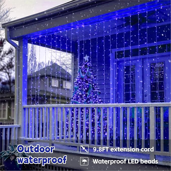 Curtain Light for Bedroom, 200LED 6.6x6.6ft Blue Window Wall Hanging Fairy Curtain String Light, 8 Modes Remote Fairy String Lights Indoor for Wedding Party Home Garden Decorations