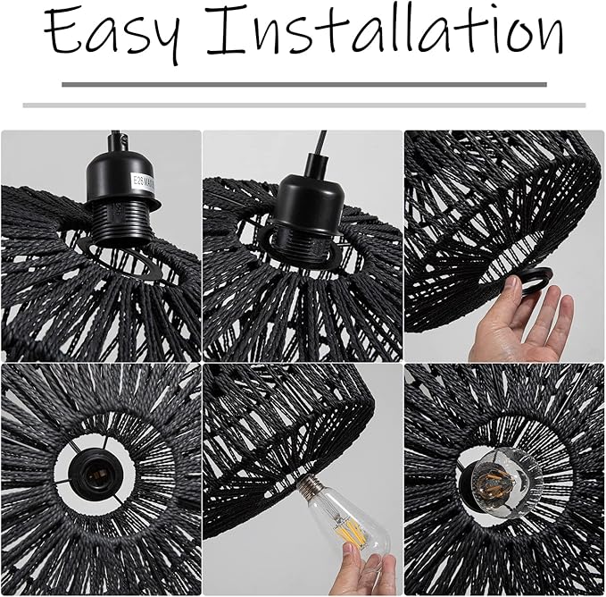 11.42’’ Black Woven Plug in Pendant Light Fixture, Rustic Round Ceiling Hanging Light with Plug in Cord & On/Off Switch for Entry Bedroom Kitchen Island Living Dining Room Foyer