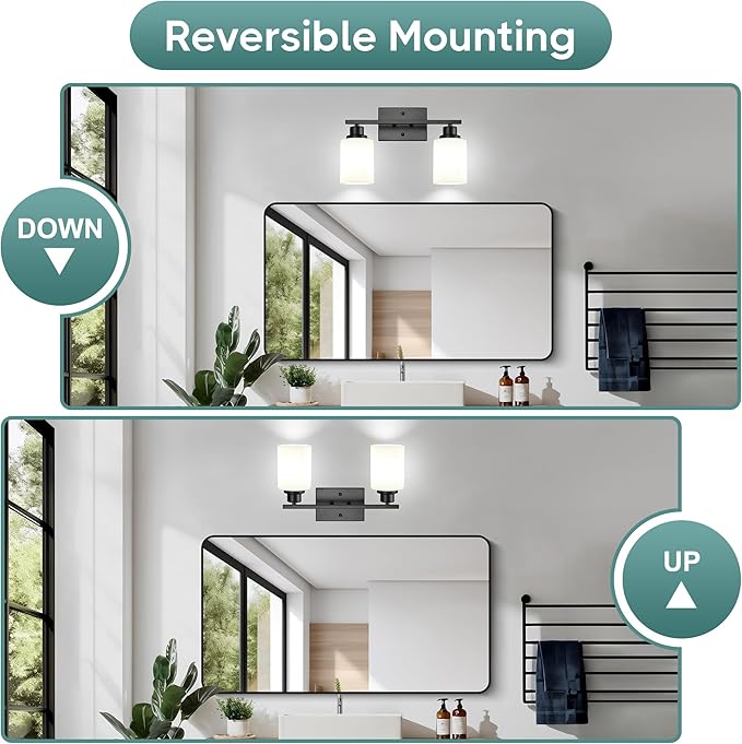 Ascher Bathroom Light Fixtures, 2-Light Vanity Light Over Mirror, Matte Black Wall Sconces with Milky White Frosted Glass Shades, Wall Lamp for Living Room Bedroom, E26 Base(Bulbs Not Included)