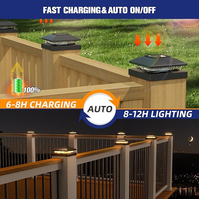 APONUO Solar Post Cap Lights for 4x4 Posts - IP64 Waterproof, 3000K LED, No-Wire Fence Lights & Deck Lights for Patio Garden Yard Patio, Black-Warm White, 16 Pack