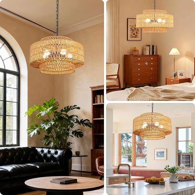 24" Large Rattan Chandelier, 6-Light Boho Dining Room Light Fixture Over Table, Natural Handwoven Wicker Pendant Lamp for Living Room, Coastal Farmhouse Hanging Ceiling Light