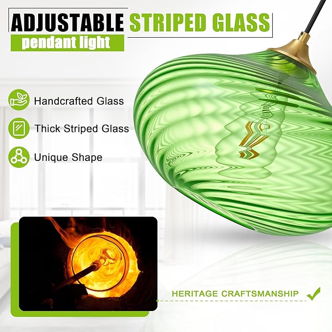 Glass Pendant Lights Kitchen Island, Gold Pendant Lighting Fixtures, Modern Hanging Ceiling Light with 11'' Striped Green Glass Shade for Farmhouse Dining Room Bedroom Hallway(1 Pack)
