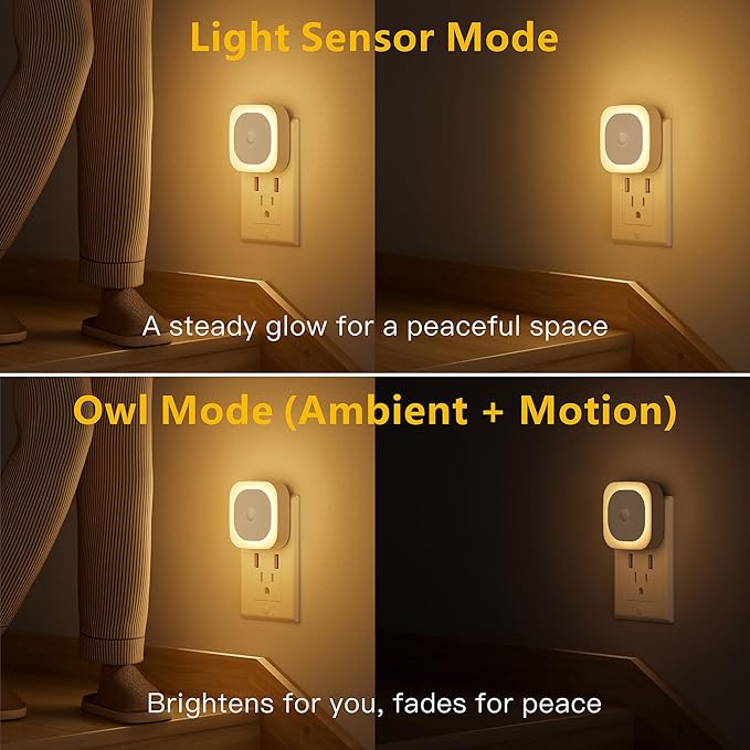 YUNLEX 2 Pack Plug in Night Light with Motion Sensor & Dusk to Dawn Sensor, 3 Sensor Modes, Dimmable, Reflected Light, Warm White Nightlight for Living Room, Bathroom, Hallway, Stairs, as Mother Gifts
